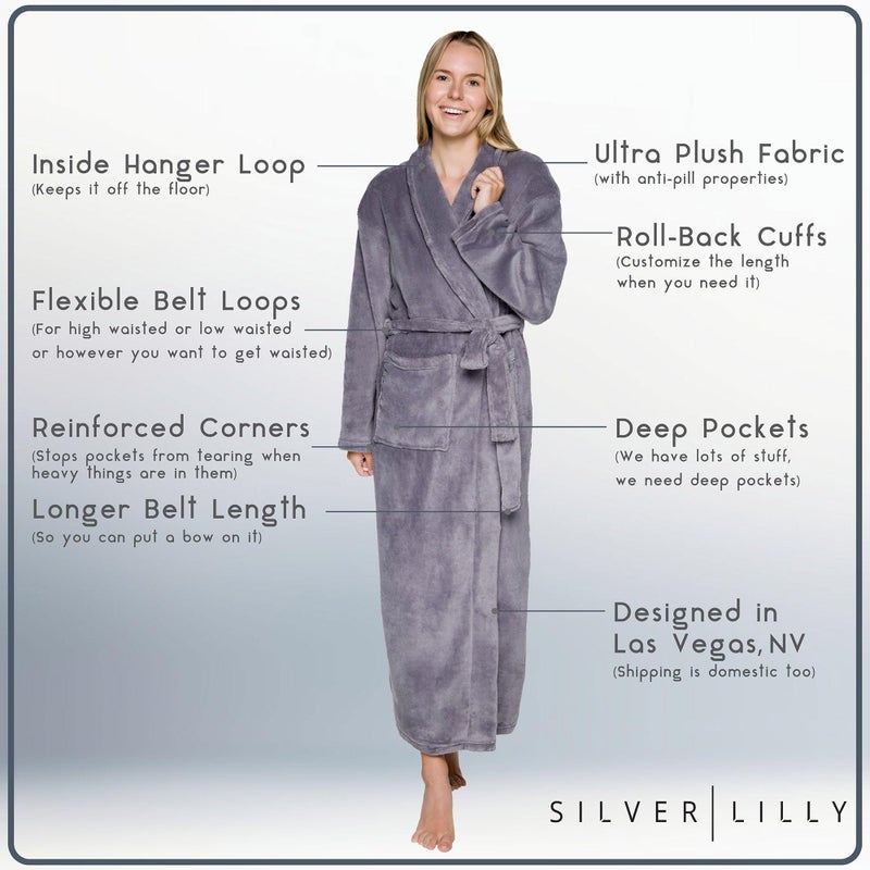 Silver Lilly Premium Womens Robe with Shawl Collar, Plush Fleece Long Bath Robe for Women, Fluffy, Warm, Fleece Women's Bathrobe - Image 5